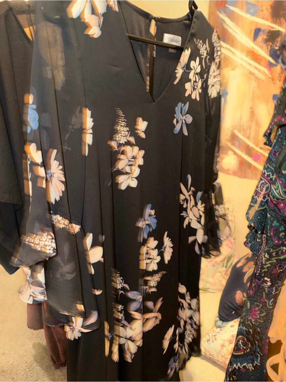 Calvin Klein Floral Chiffon Ruffle Bell Sleeve Shift Dress Size 2